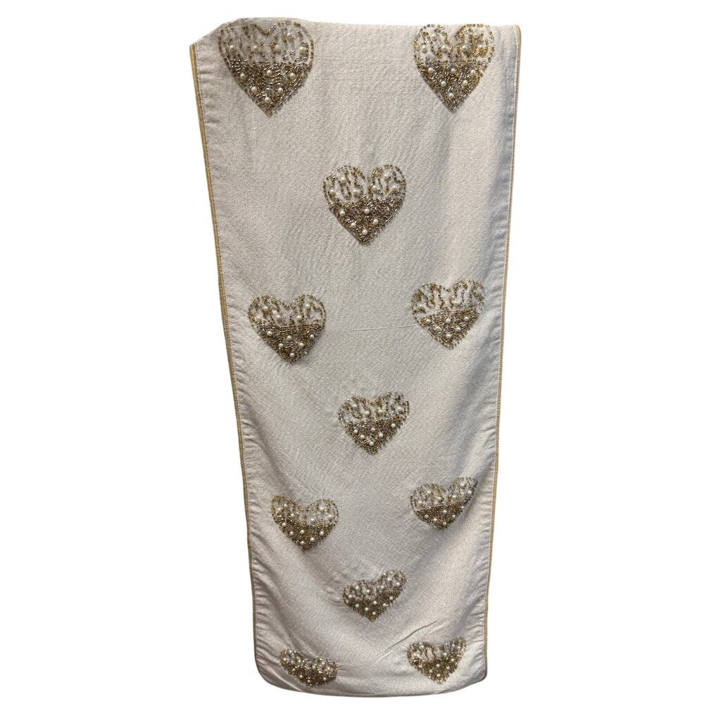 Table Runner / Hearts / Valentine's Day / White and Gold tone/ Rachel Zoe/ EUC